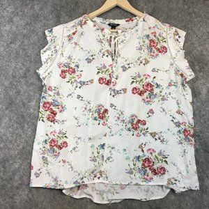 Buffalo David Bitton Top L Blouse Floral Swiss Dot Textured Ruffled Cap Sleeve